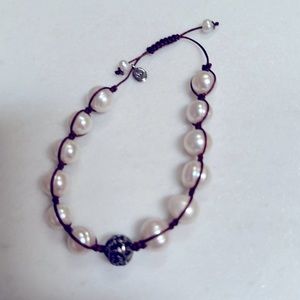 Silpada brown cord, pearl and sterling silver bead bracelet